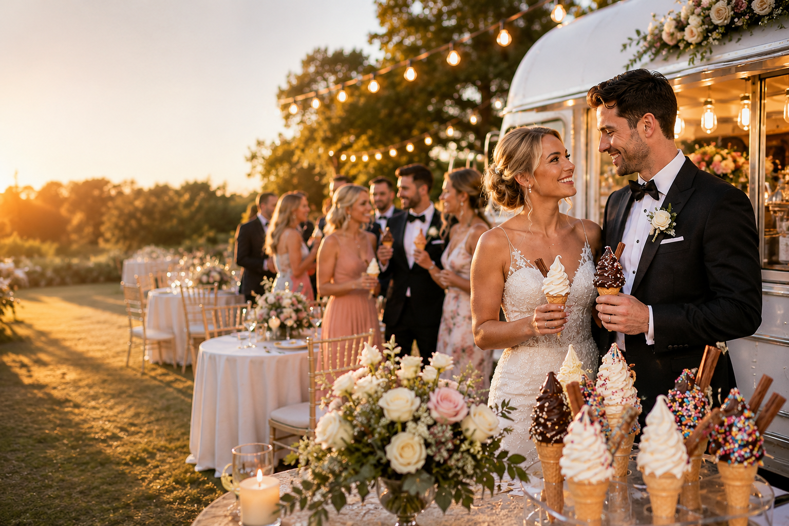 Guests enjoying frozen desserts from an ice cream van at a wedding reception